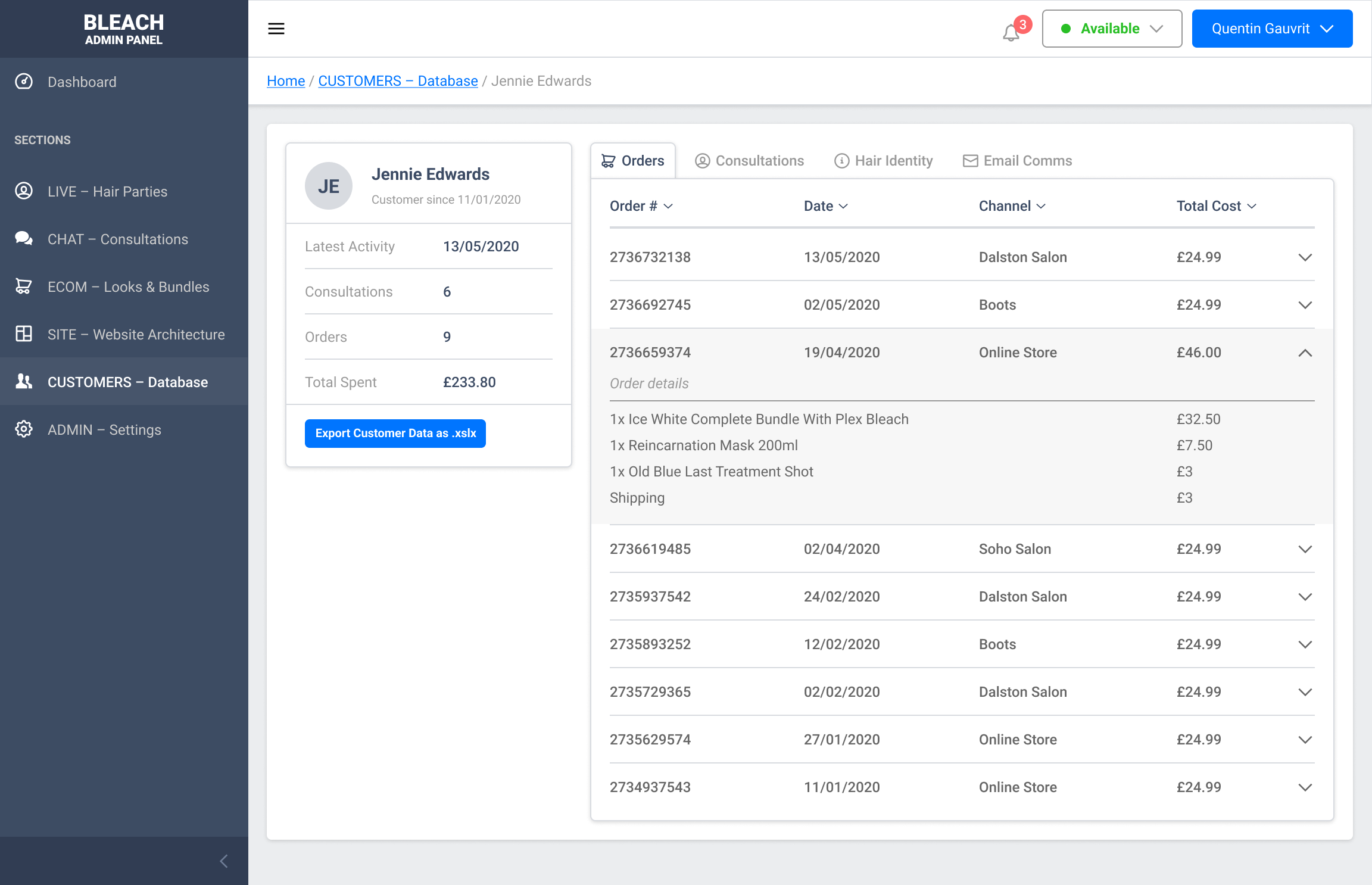 Customer profile and orders